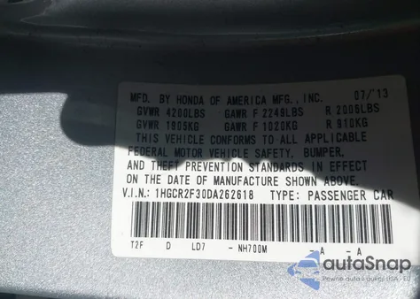 2013 Honda Accord Lx из США, поврежденный, VIN 1HGCR2F30DA262618